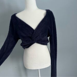 Navy Blue Aerie Fuzzy Twist Cropped Sweater Size Large NWT
